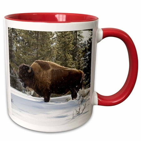 3dRose USA, Wyoming, Yellowstone National Park. Bison standing in snow. - Two Tone Red Mug, (Best Place To See Bison In Yellowstone)