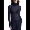 thumbnail image 1 of Top de Larga Ajustado de de Color Liso con Cuello Alto para Mujer, Camisa Transparente. Azul Oscuro M, 1 of 6
