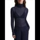 thumbnail image 1 of Top de Larga Ajustado de de Color Liso con Cuello Alto para Mujer, Camisa Transparente. Azul Oscuro S, 1 of 6