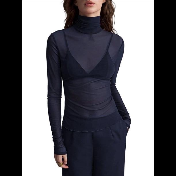 Top de Larga Ajustado de de Color Liso con Cuello Alto para Mujer, Camisa Transparente. Azul Oscuro M