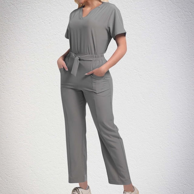 Soki Scrub Set Women Short Sleeve V-Neck T Shirts Tops Jogger Pants Working Suit