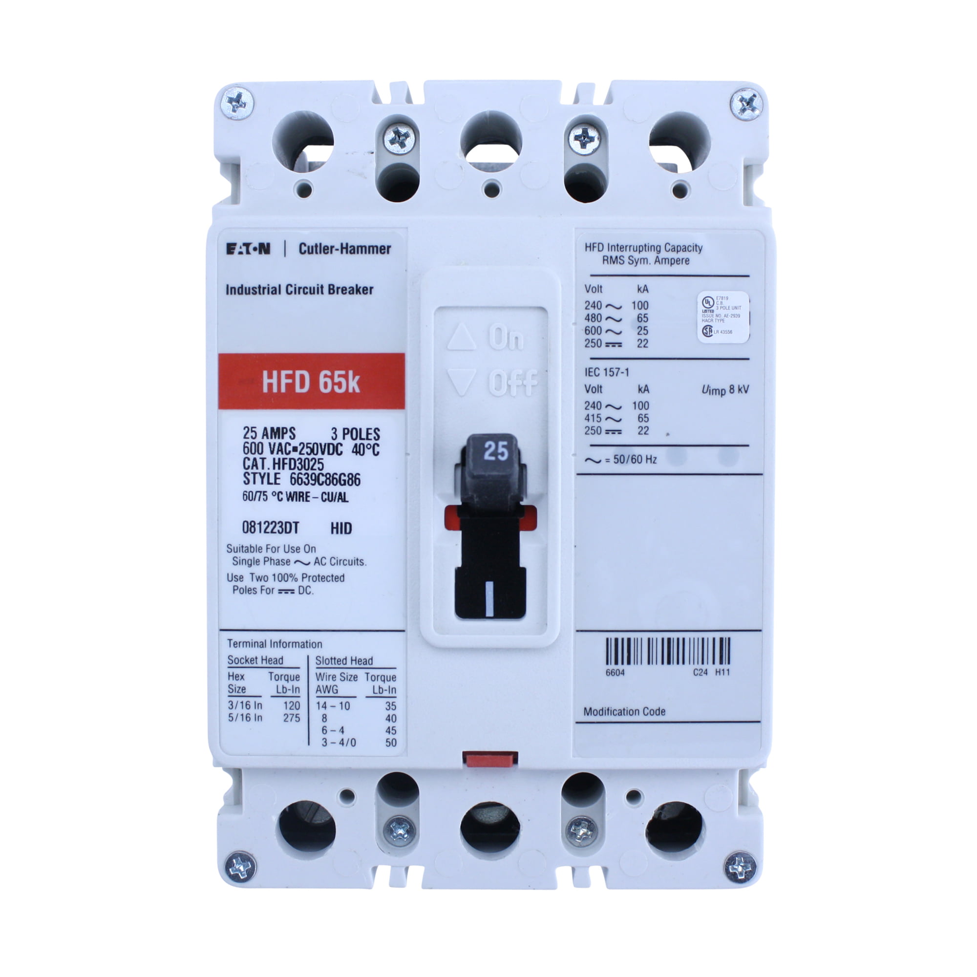 Eaton Series C Industrial Circuit Breaker 25 Amp 600 VAC 3 Pole HFD3025BP10 New 
