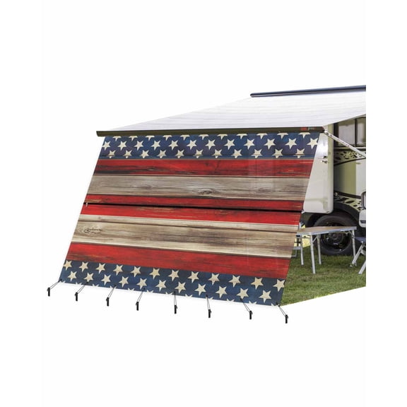 4th of July RV Awning Sun Shade Screen 9'X15.3' American Flag Mesh Sunscreen Patriotic Stars Stripes Retro Wood Grain Awning Shade Screen with Zipper Completed Kits for RV Motorhome Camper