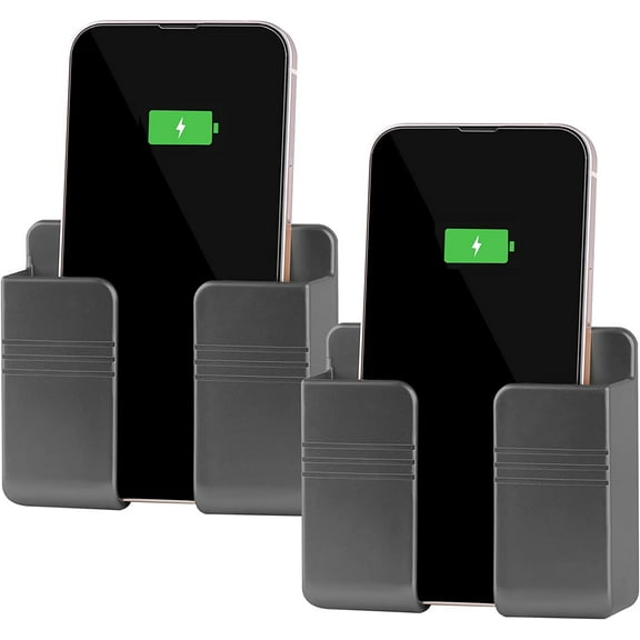 2Pcs Phone Holder Wall Mounted, Phone Stand with Data Cable Receiving Hole/Self Adhesive.Phone Holder for Shower/Charging.Compatible with iPhone and Android (2Pcs-Grey)