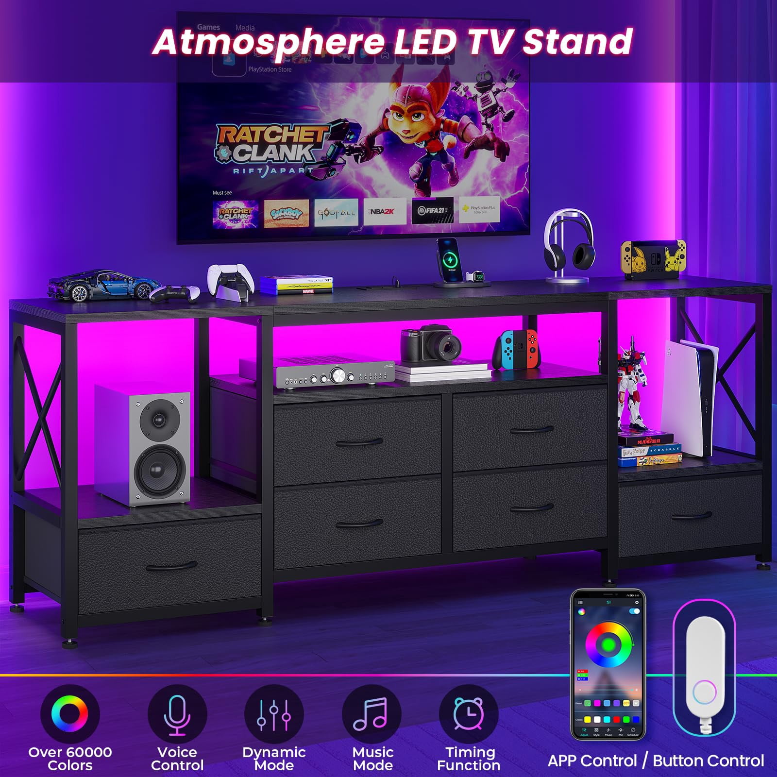 TV Stand with LED Light & Power Outlets, 6 PU Drawers & Open Shelves, , Entertainment Center for 75 Inch TV ,63" TV Console Table for Living Room, Bedroom, Black