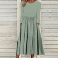 thumbnail image 4 of VSSSJ Women Fall Winter Casual Crew Neck Long Sleeve Midi Dresses Solid Color Empire Waist Swing Pleated Long Dress with Pockets Green XL, 4 of 6