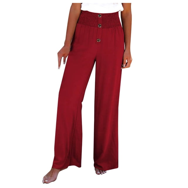 VEKDONE Button Cotton Linen Pants for Women Stretchy High Waisted Button Palazzo Pants Solid Color Loose Fit Wide Leg Pants Wine M