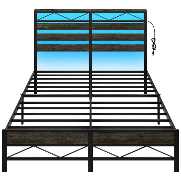 HOOBRO Full Size Bed Frame with Headboard, LED Bed Frame with Storage Headboard and Charging Station, Bed Frame with 2 Outlets and 2 USB Ports, for Full Beds, Charcoal Black BC21UDBF01