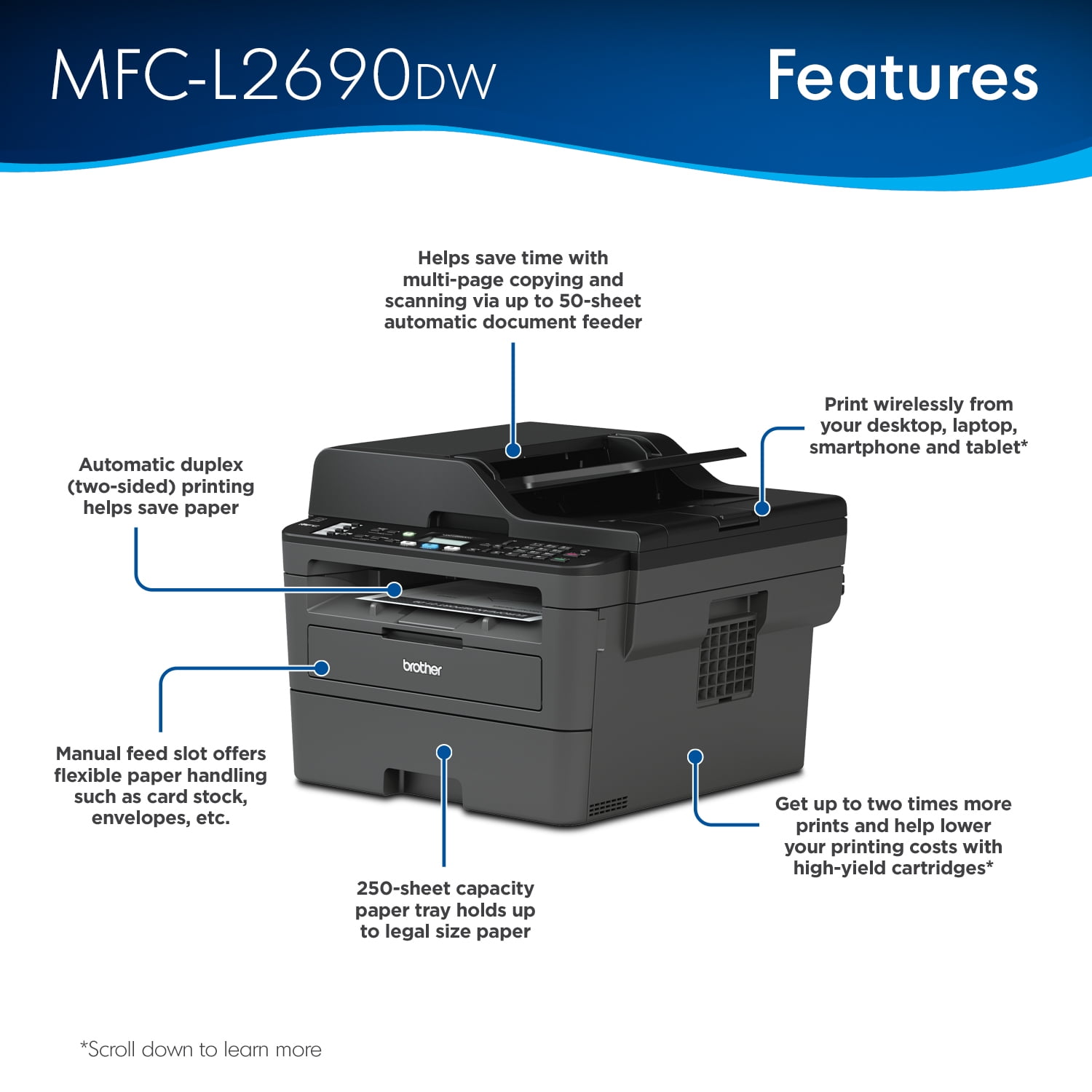 MFC-L2690DW Monochrome Laser All-in-One Printer, Duplex Printing, Wireless Connectivity -