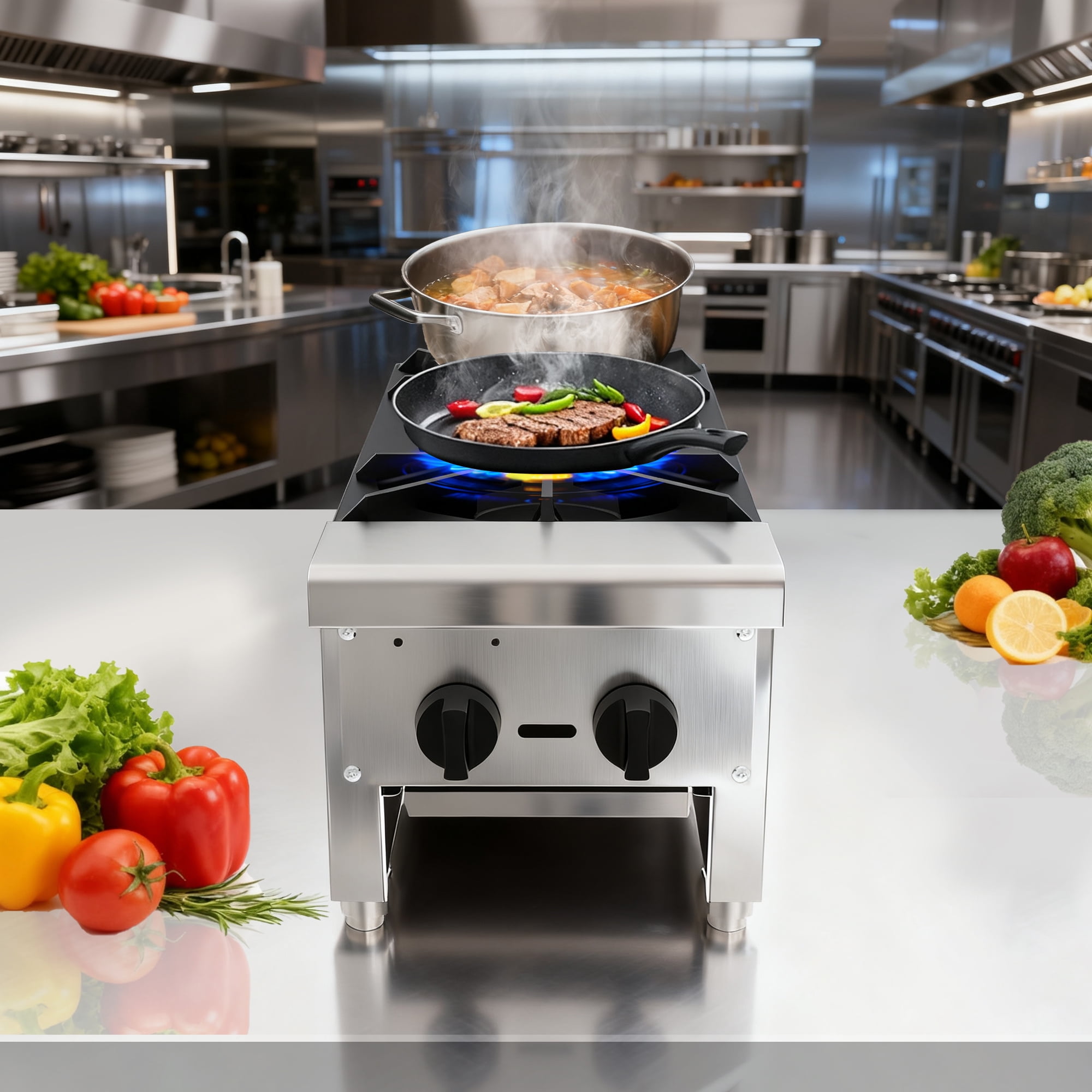 Olurrisa 56,000 BTU Commercial Gas Range, 2-Burner Stainless Steel Countertop Stove for Restaurant Kitchen, Natural Gas or Propane