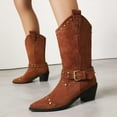 thumbnail image 2 of YLYL Women's Suede Studded Mid-Calf Boots Pointed Toe Pull-On Block Heel with Buckle Wide Calf Fashion Western Boots, 2 of 8
