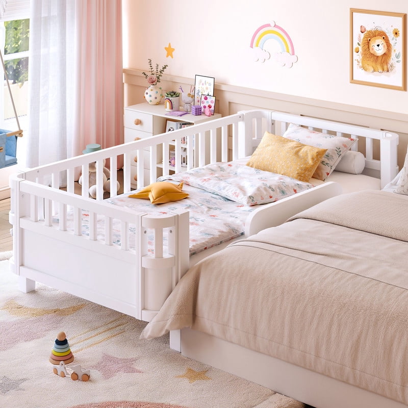 Bellemave Twin Size Bed with Removable Rails, Solid Wood Montessori Bed with Headboard and Footboard, Rounded Corners Twin Platform Bed with Fence, No Box Spring Needed, White