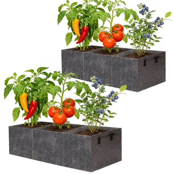 LANDLIT 2 Pack Felt Raised Garden Bed, 22 Gallons 3 Grids Rectangle Plant Grow Bags with 2 Handles, Rectangular Planting Containers Perfect for Growing Vegetables, Flowers, Herds, Outdoor