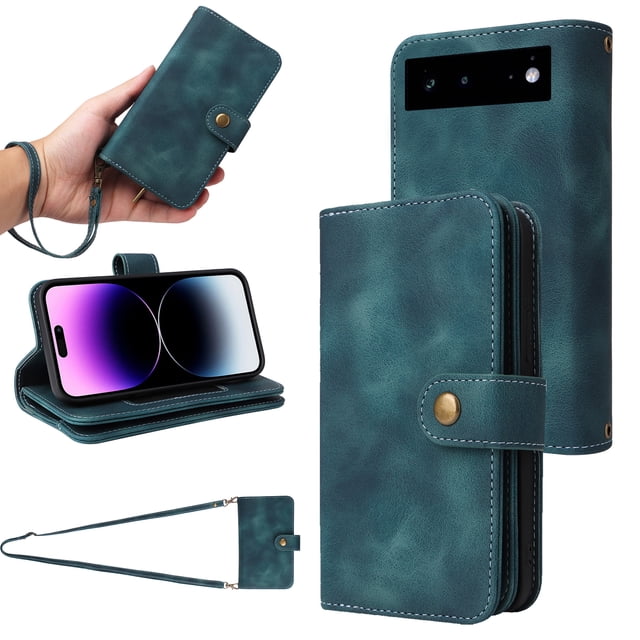 for Google Pixel 6 Pro Wallet Case, PU Leather 6 Card Slots Removable Adjustable Crossbody Necklace Lanyard Shoulder Strap Zipper Bag Anti-Falling Rugged Case for Google Pixel 6 Pro,Black