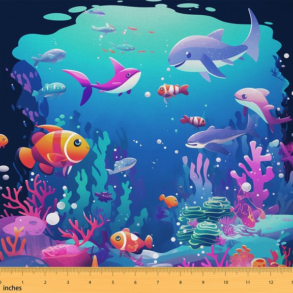 Castle Fairy Cartoon Marine Fish Fabric by the Yard 1 Yard for Boys Girls, Colorful Underwater World Home Decor Fabric by the Yard, Coastal Coral Sewing Fabric