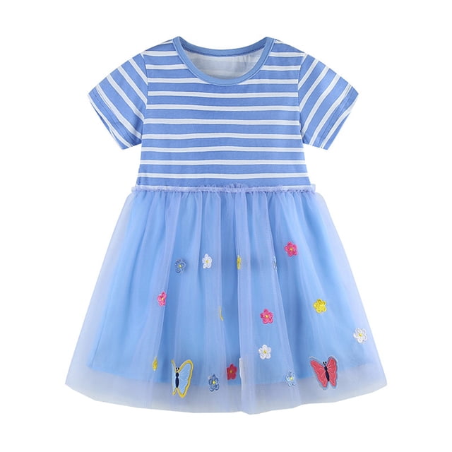 Liyamei Robe Princesse à Manches Courtes en Tulle Imprimé Papillon pour Filles, 2-3 Ans