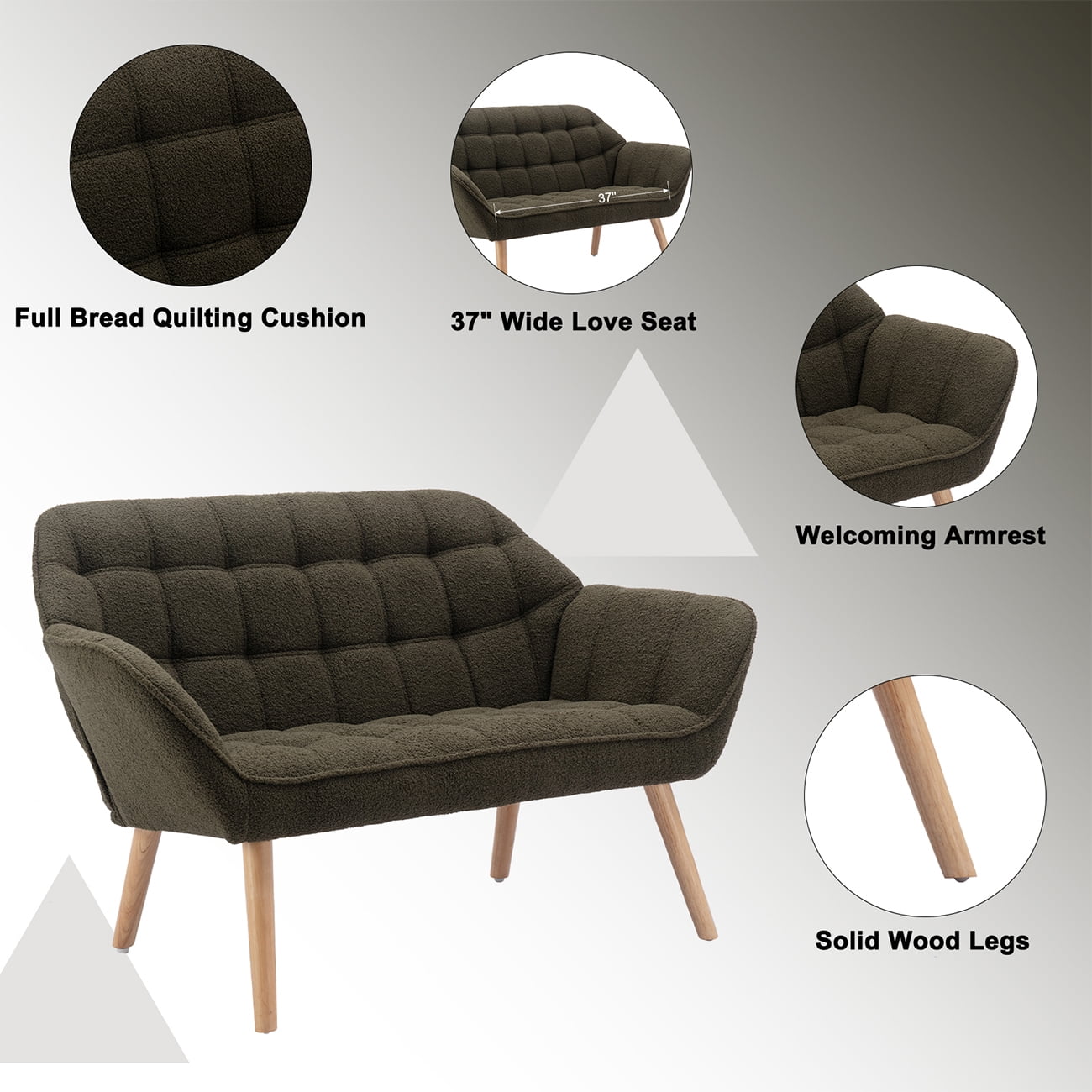Guyou Small Loveseat Sofa, Modern Sherpa 2-Seater Mini Sofa Couch with Quilted Back and Armrests, Cute Accent Chair with Wooden Legs for Living Room Bedroom Apartment, Green