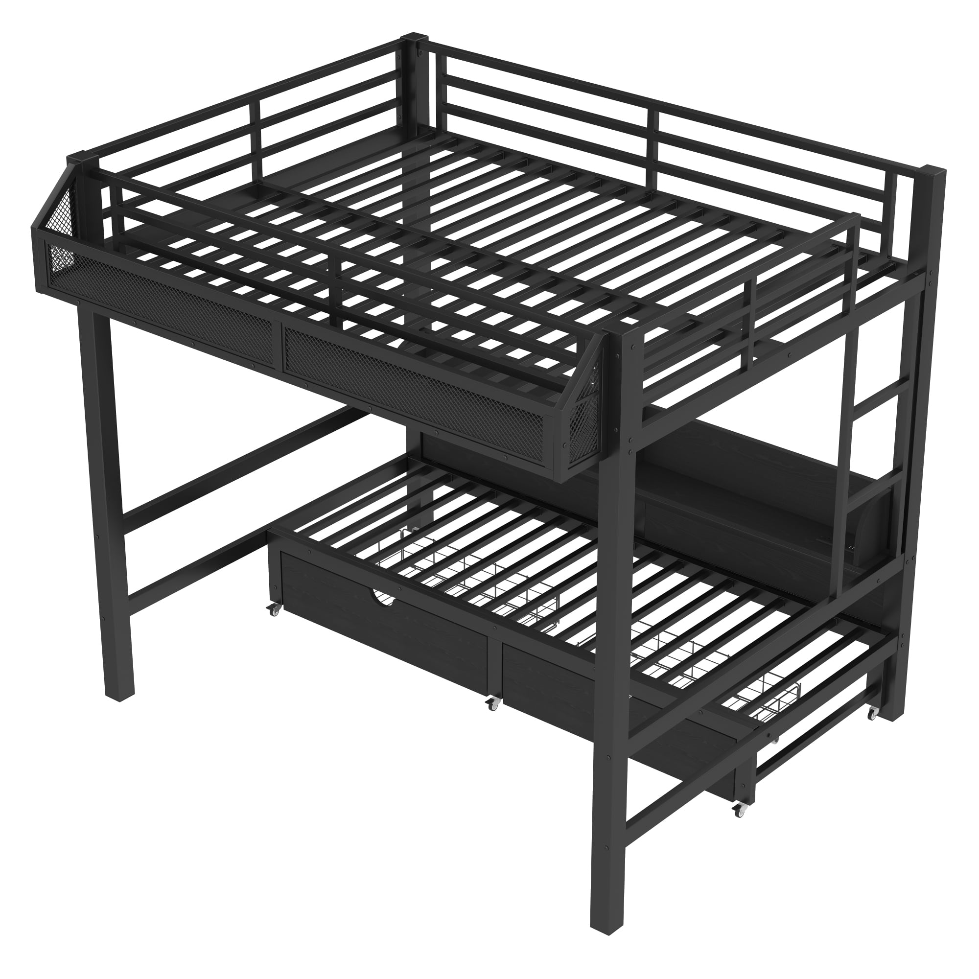 Full over Full Size Bunk Bed with 2 Drawers and Storage Shelves, Multifunctional Metal Bunk Bed Frame with LED Lights and USB Ports, Lower Bed that can be converted into a sofa