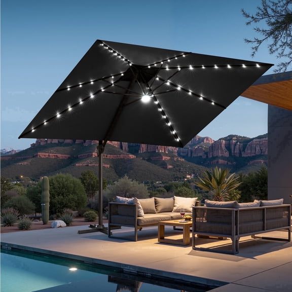 Crestlive Products Square Solar LED Cantilever Umbrella, 11FT, Windproof Double Top, 360-degree Rotating, Gray