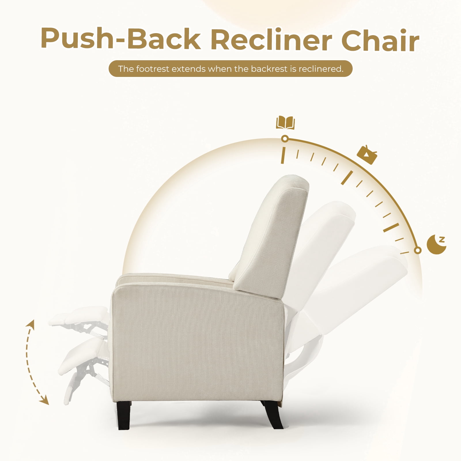 Bonzy Home 2-Pack Manual Push Back Recliner Chairs, Fabric Wingback Reclining Chairs with Padded Seat, Modern Recliners for Living Room Bedroom, White