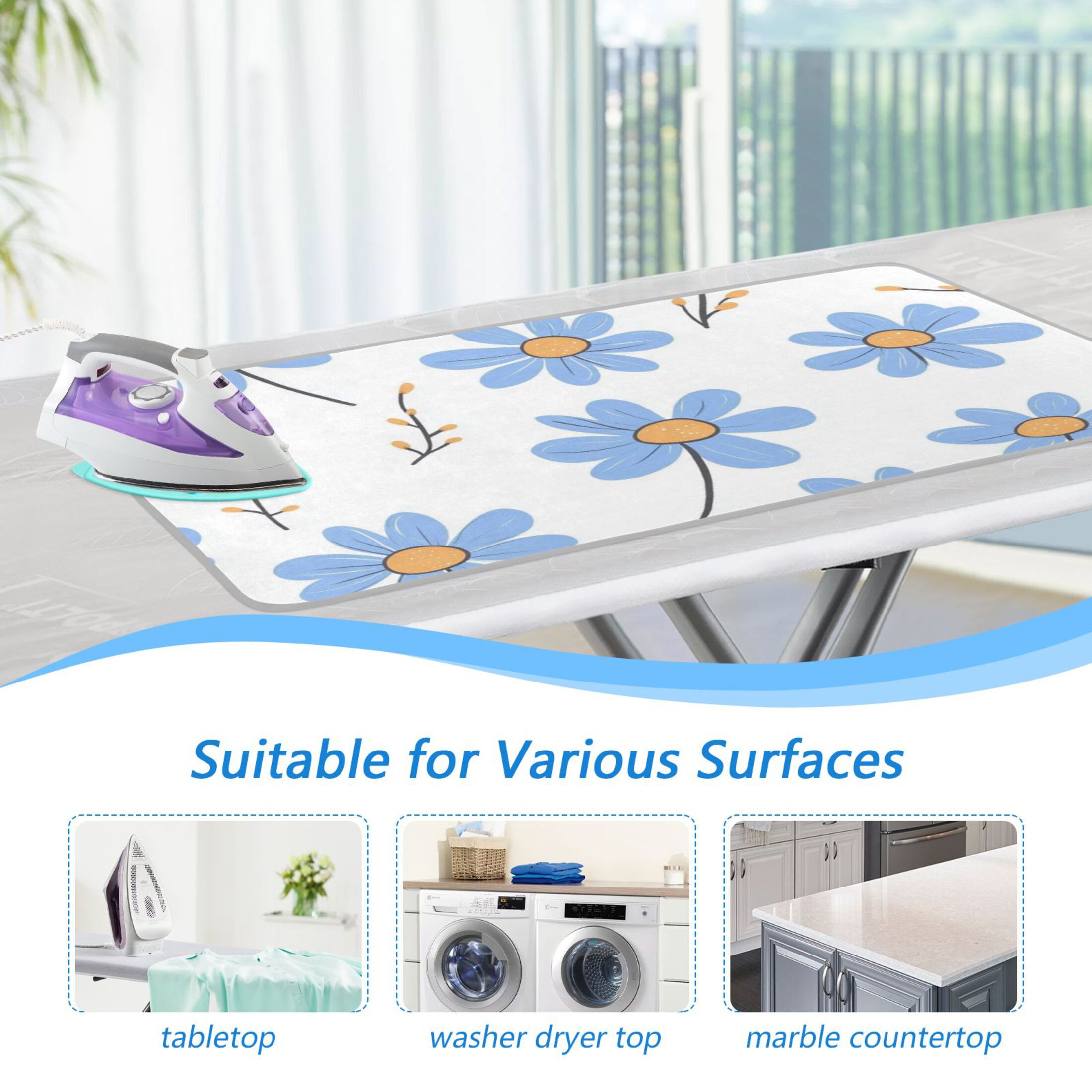 Blue Daisy Flowers Cute Cartoon Ironing Mat Blanket Portable Travel Ironing Pad Heat Resistant Pad 47.2" x 27.6”