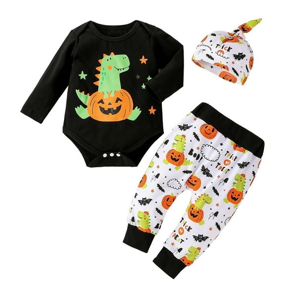 Coerni Baby Boy 𝐇alloween Clothes Pumpkin Print Long Sleeve Romper Pants and Hat 3 6 12 18 24 Months Cute Fall Winter Outfits
