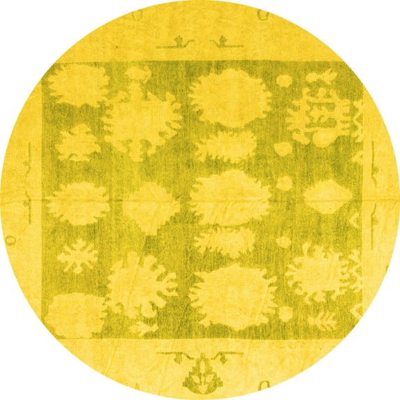 Ahgly Company Machine Washable Indoor Round Oriental Yellow Traditional Area Rugs, 8' Round
