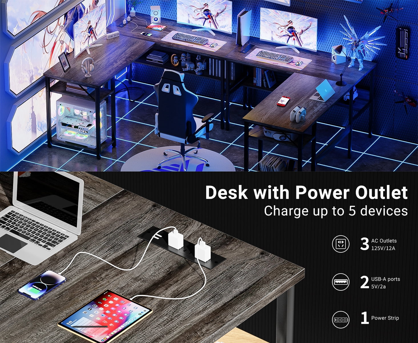 iSunirm Home Office L Shaped Desk with Magic Power Outlets and USB Charging Ports, 50.4"D x 42.5"W x 29"H, Storage Shelves, Reversible L Shaped Desk, Both Suitable for Students&Adults, Oak