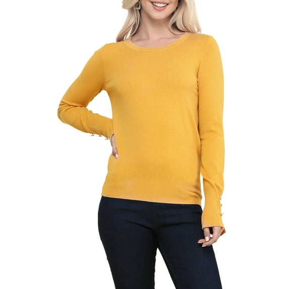 Doublju Women's Round Neck Long Sleeve Soft Knit Pullover Sweater with Sleeve Buttons