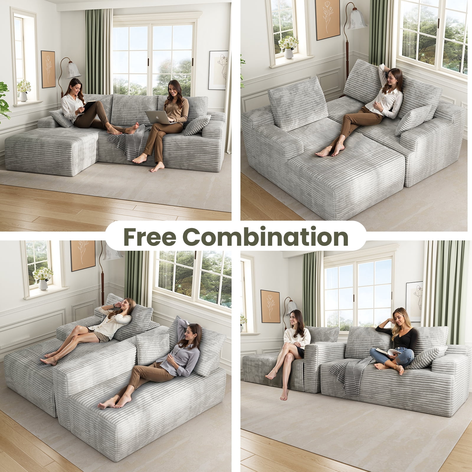 104" Cloud Sectional Couch with L-Shape Chaise, Modern Modular Sofa with Deep Seat, Upholstered Couches with Back Cushion for Living Room Bedroom, No Assembly Required, White Grey (Corduroy Fabric)