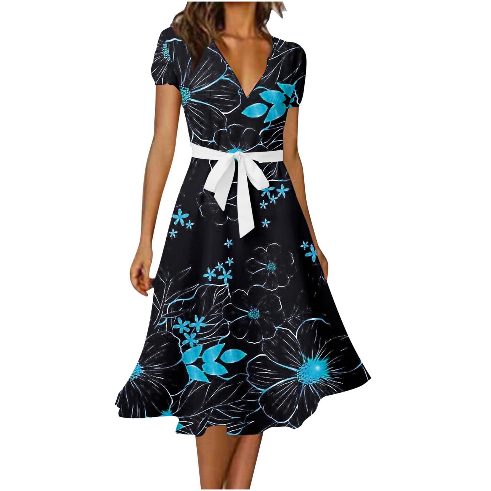 QIPOPIQ Midi Robes pour Femmes à Étages à Manches Courtes Tendance Aguichant Vintage V Robe d'Été Col Imprimé Robes de Soirée Offres 2023