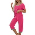 thumbnail image 4 of JGTDBPO Lounge Sets for Women Short Sleeve V-Neck Sleepwear Tops And Cropped Trousers Wide Leg Pants Loose Capri Pajama Set 2 Piece Pj Sets Outfits, 4 of 7
