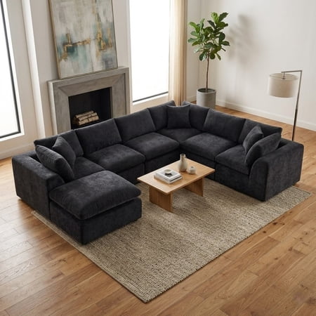 Oversized U-Shaped Sectional Sofa with Ottoman, 7-Seater Chenille Modular Sofa with Deep Seat, Cloud Sofa Boneless Couch for Living Room Apartment