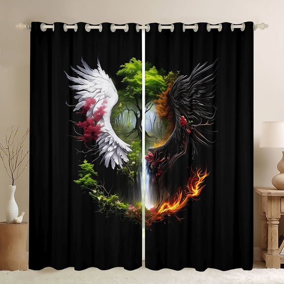 Feelyou Dreamy Life Tree Black Out Curtains, Black White Angel Wings Curtains Pack of 2 (42x63 Each), Jungle Flower Floral Bedroom Curtains, Blackout Curtains Bedroom Decor