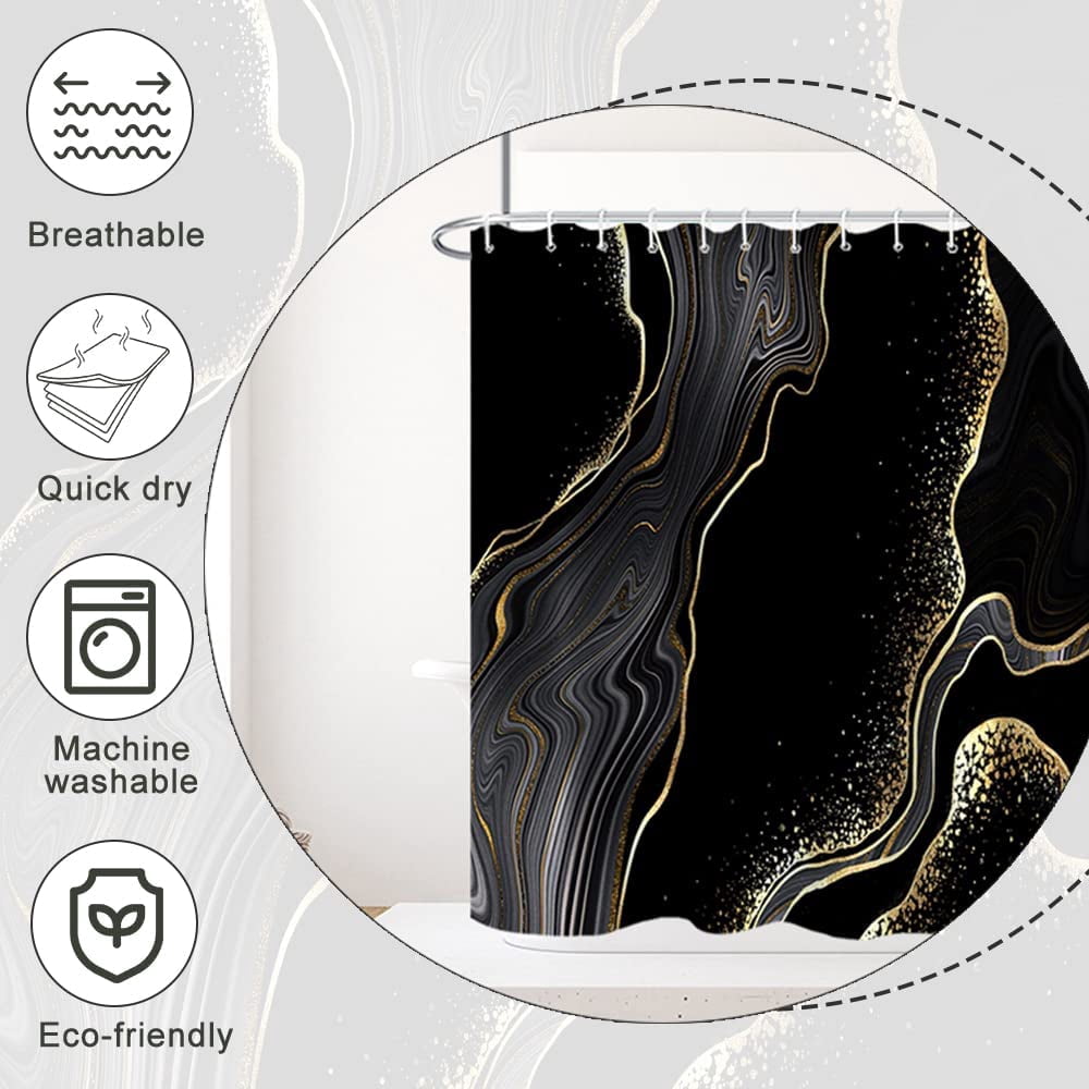 Marble Shower Curtain, Gold and Black Luxury Liquid Marble Shower Curtain Set for Bathroom Waterproof Polyester Fabric Modern Ink Texture Bathroom Decor with Hooks, 72x72 Inch
