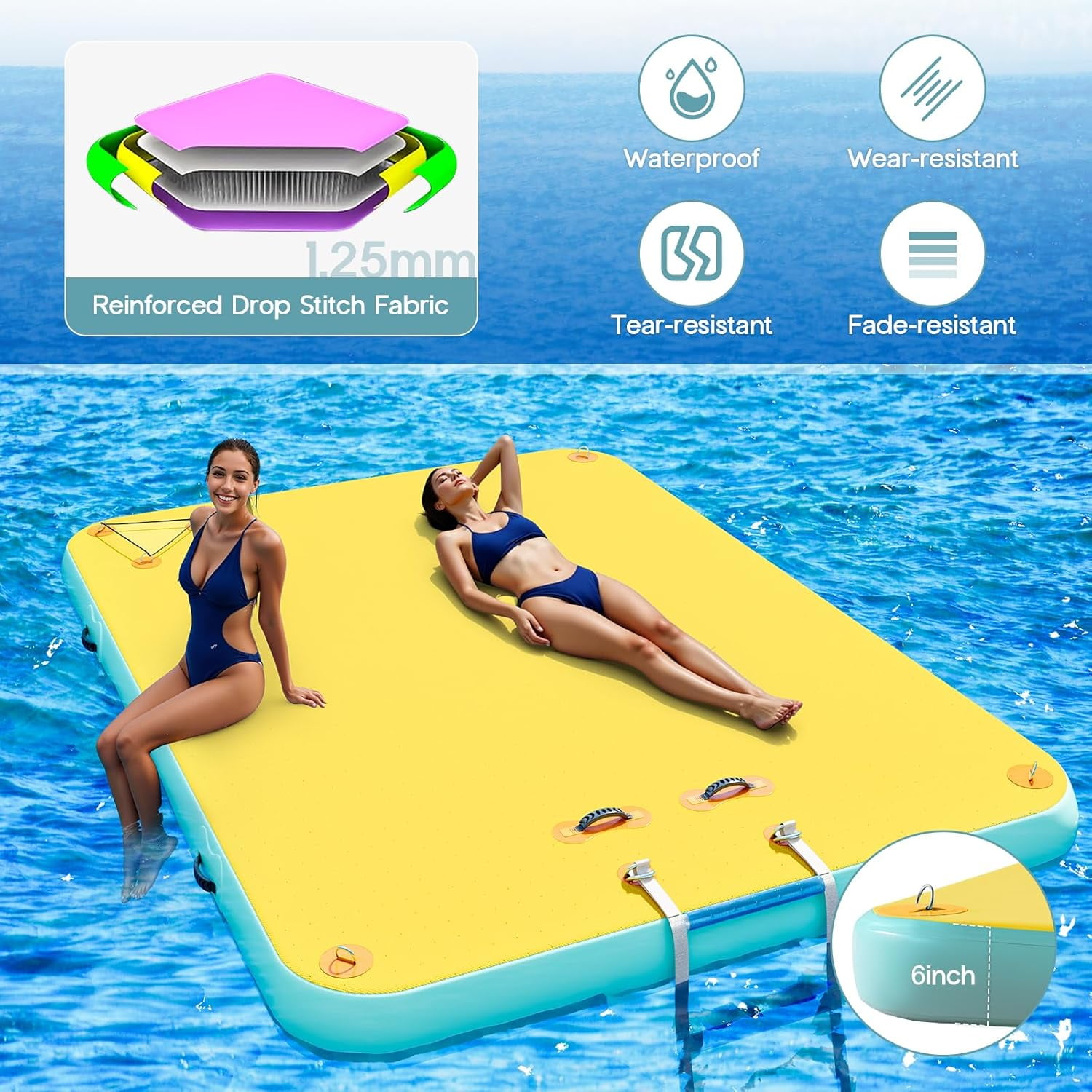 Jocisland 8x6 ft Inflatable Floating Dock with Non-Slip Surface, Detachable Ladder, Multi-Person Swim Platform for Pool, Beach, Ocean, Yellow+Mint Green