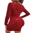 thumbnail image 6 of FNNMNNR Women Elegant Velvet Deep V Neck Dresses Long Sleeve Ruched Cocktail Wedding Party Clubwear Dark Red L, 6 of 7