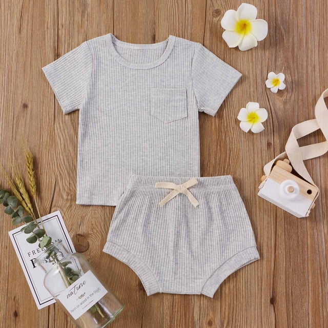 Conjunto de verano para bebé niño y niña de Herrnalise, camiseta de manga corta lisa, pantalones cortos con cordón, ropa para bebé niño y niña de 0 a 3 años