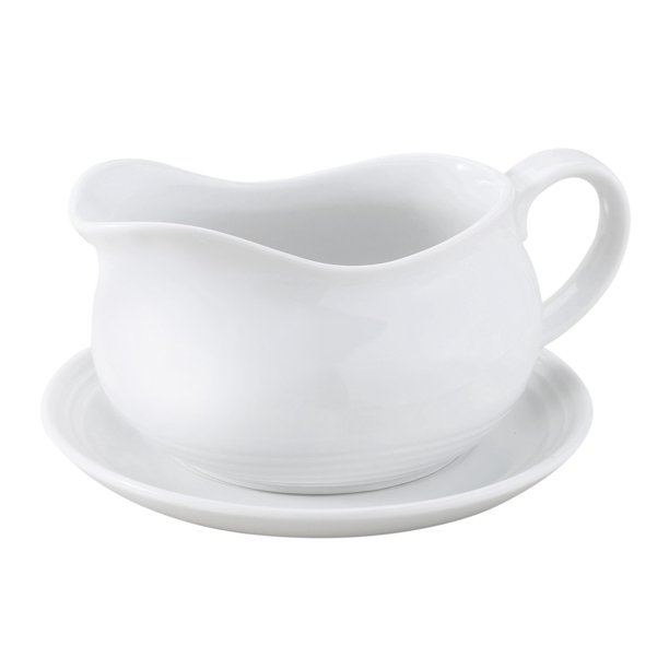 HIC Hotel Gravy Sauce Boat with Saucer Stand, Fine White Porcelain, 24