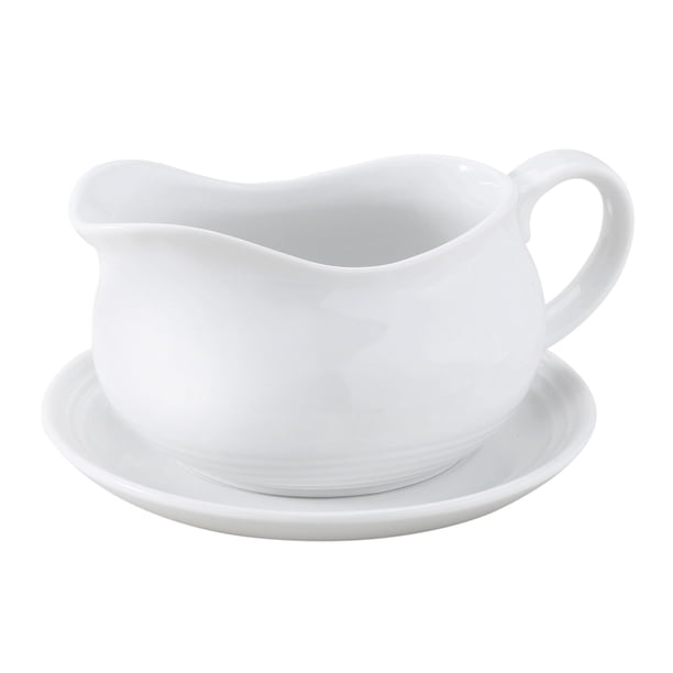 HIC Hotel Gravy Sauce Boat with Saucer Stand, Fine White Porcelain, 24Ounces
