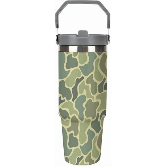 Stainless Steel Tumbler with Lid And Straw 30 Oz Top Handle Duck Hunting Camo Leakproof Vacuum Insulated Water Bottle for Car Travel