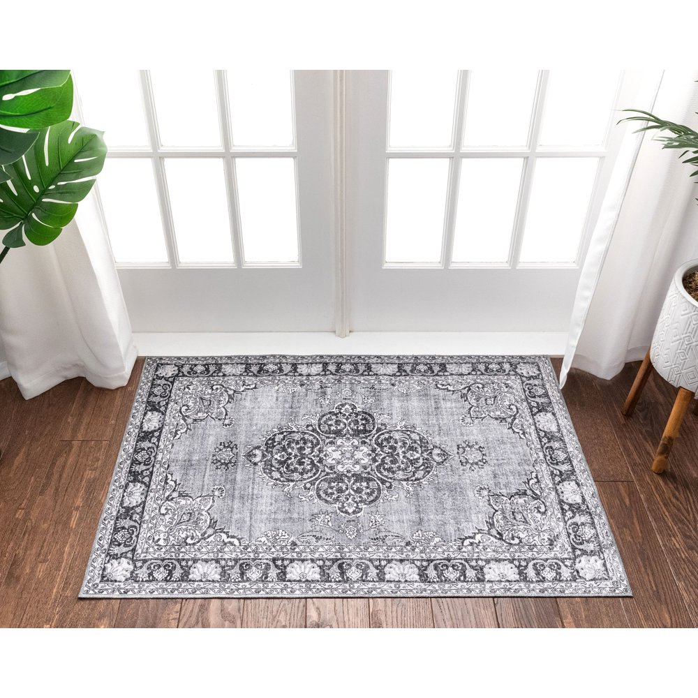 Well Woven Mareva Machine Washable Grey Vintage Oriental Medallion Area