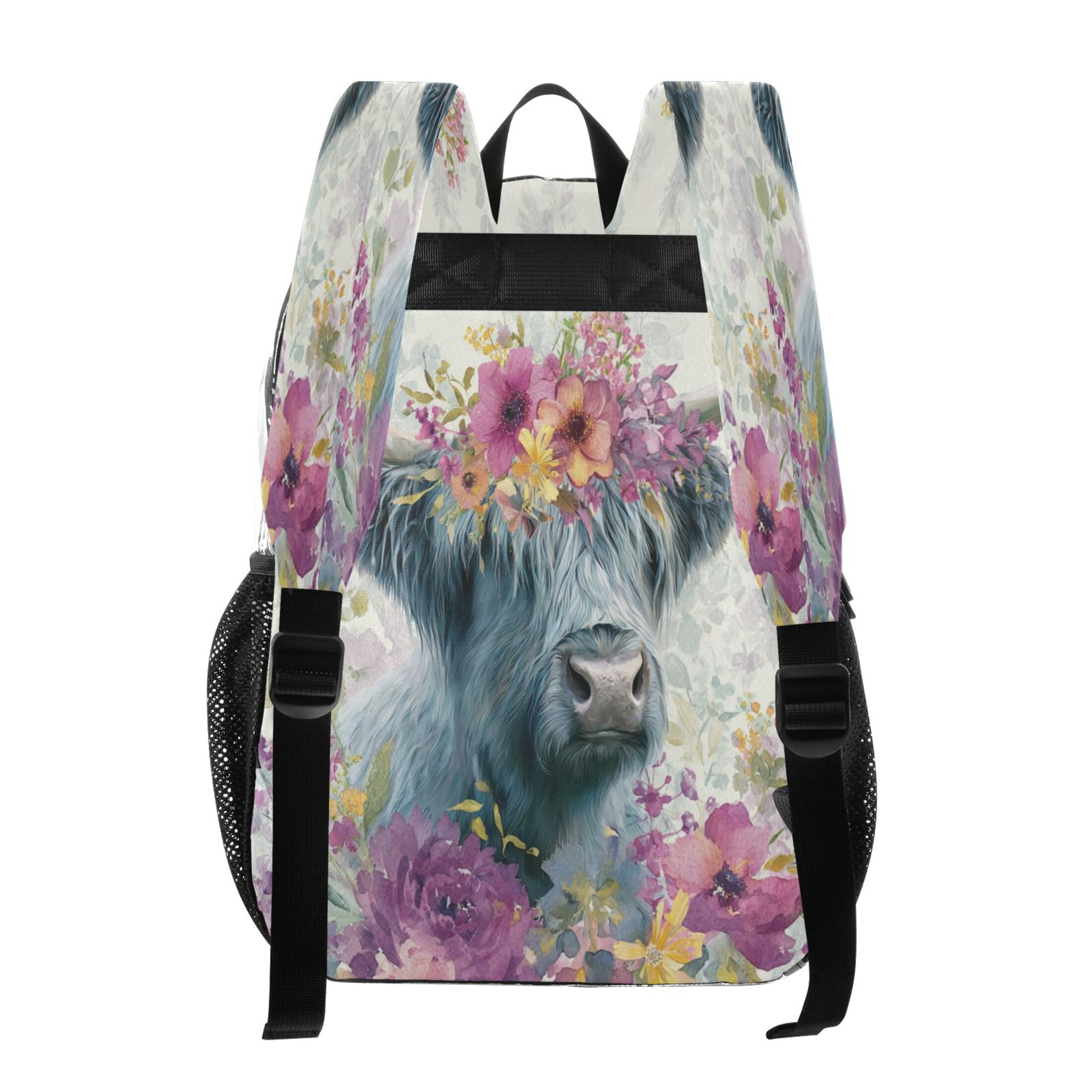 PVC Transparent Backpacks Clear Backpack for Travel and Outings Highland Cow with Wildflowers
