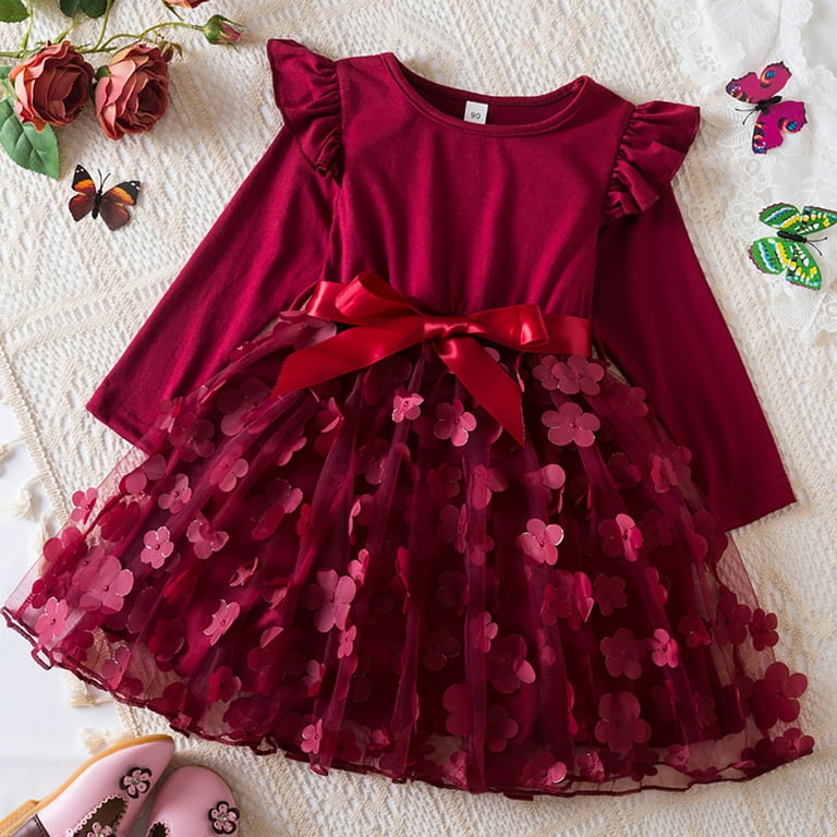 Dresses For Girls Size 6 Long Sleeve Flower Decoration Ruffles Bowknot Mesh  Tutu Bowknot Skirt Birthday Party Dresses,5-6 Years - Walmart.com
