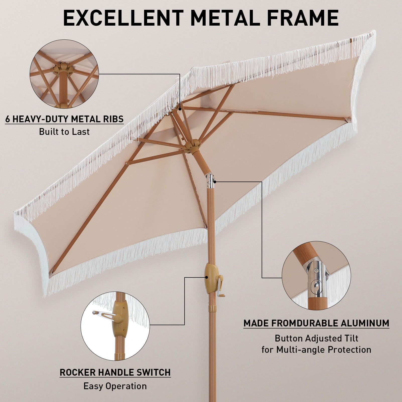 Autlaycil 7.5 ft Fringe Patio Umbrella, Outdoor Table Tassels Umbrella with Push Button Tilt and Crank - Khaki