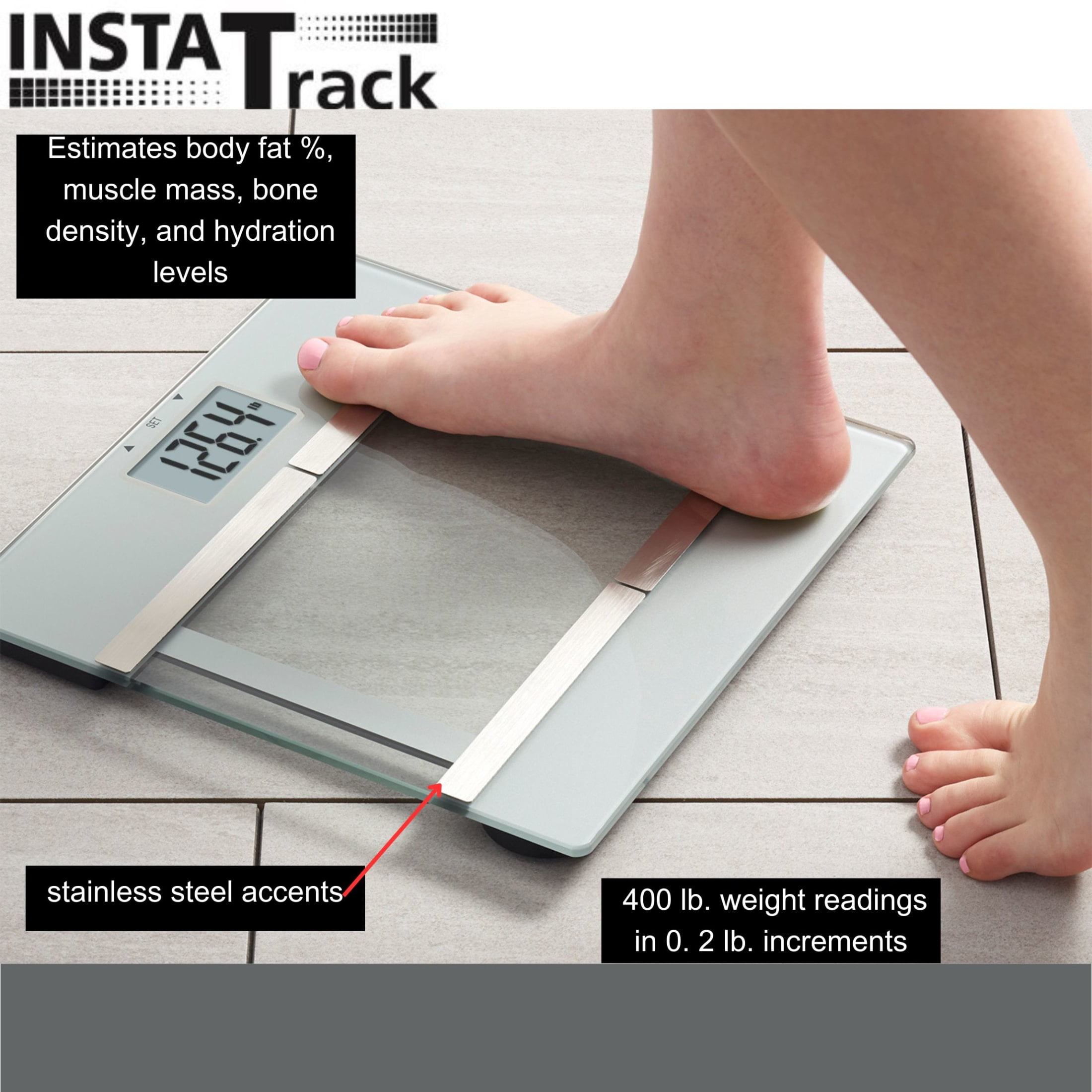 InstaTrack 11.8" x 11.8" Digital Glass Body Weight Scale with Body Fat/BMI Monitoring, Clear