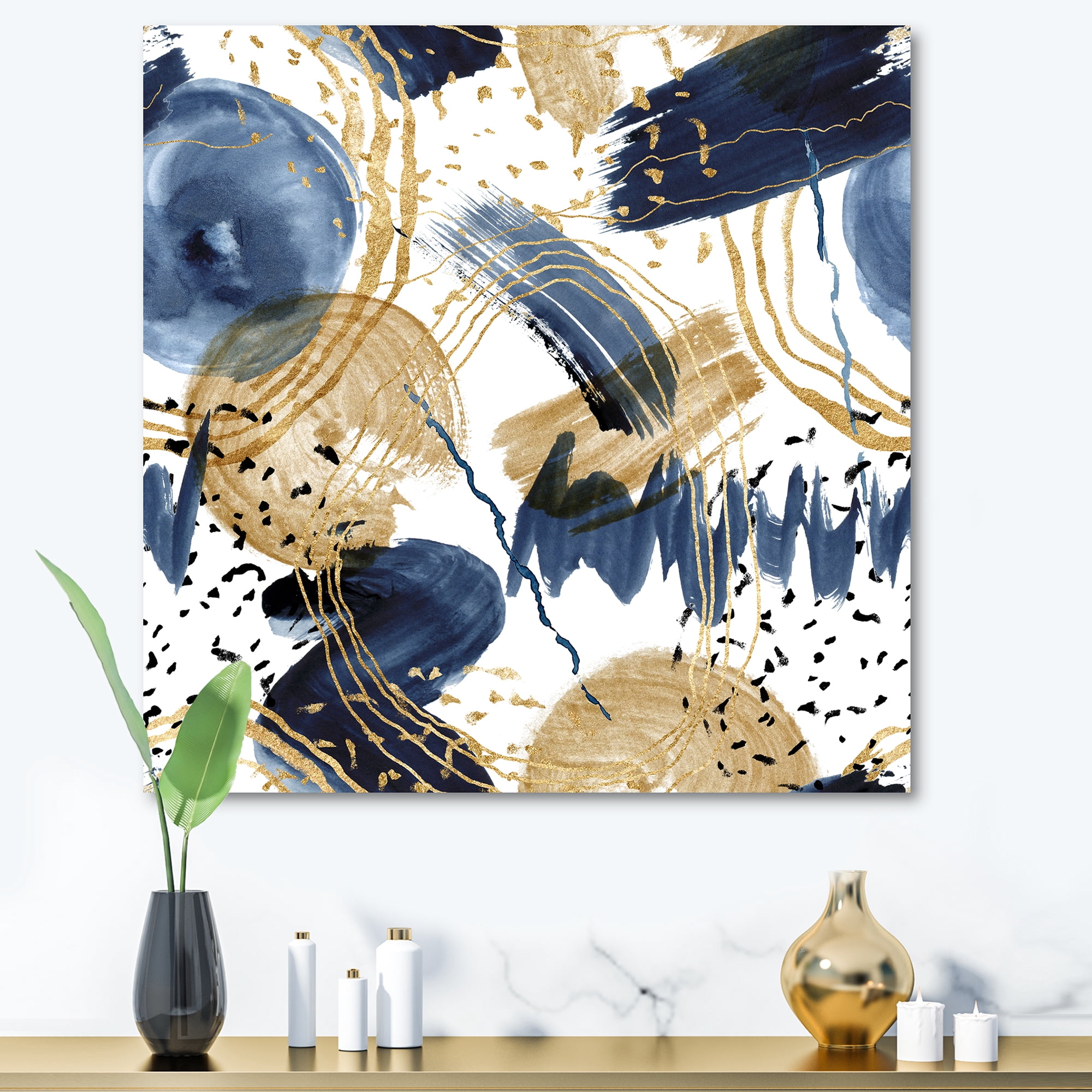 Designart ' Dark Blue & Golden Textures With Abstract Pattern ' Modern Canvas Wall Art Print