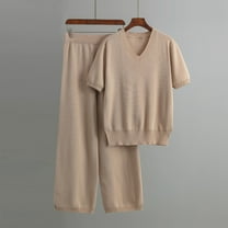 Itsame Womens 2 Piece Sets, Long Sleeve Knitted Tops Long Pants Sweater Outfits Khaki Free Size