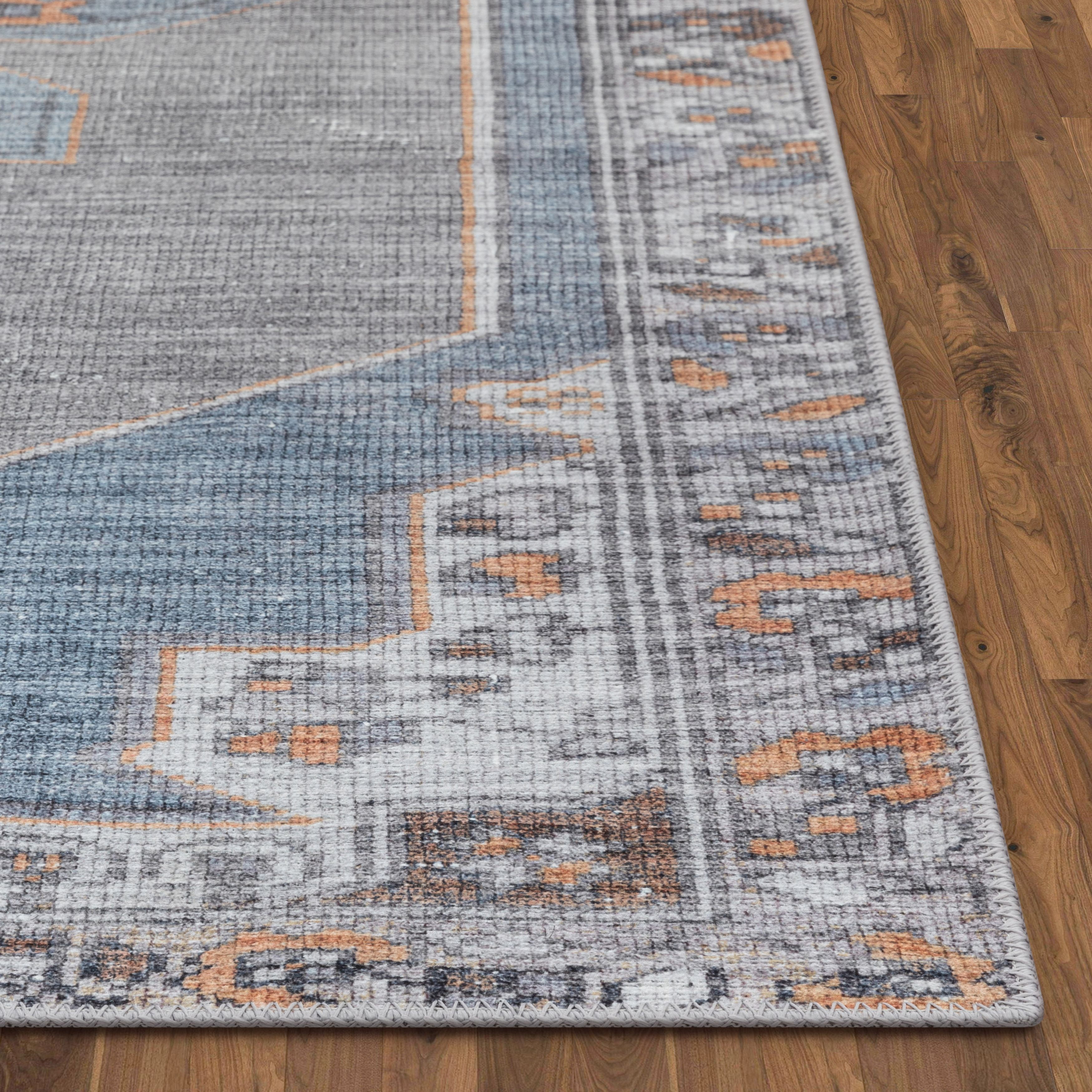 Well Woven Lotus Cambria Light Blue Vintage Medallion Oriental 5'3" x 7'3" Machine Washable Flat-Weave Area Rug