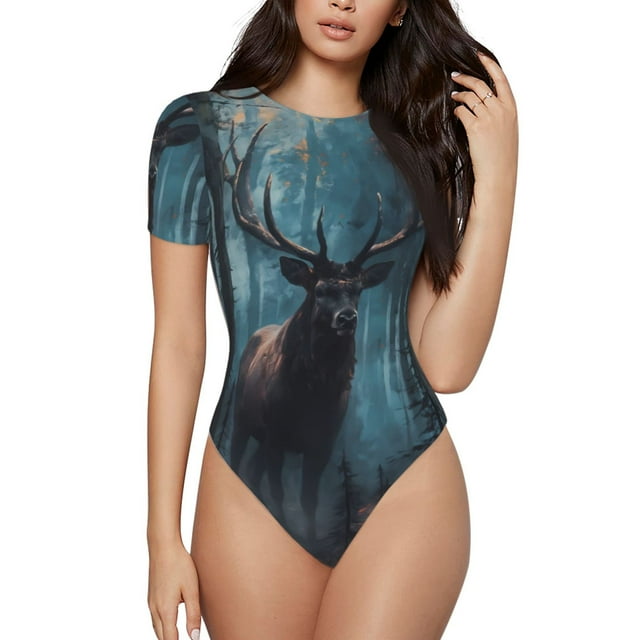 Bingfone Motif Forêt Mystique Élan Justaucorps à Col Rond pour Femmes, Bouton Pression Manches Courtes Justaucorps, Adapté pour Fête, Sports, Usage Quotidien-TG